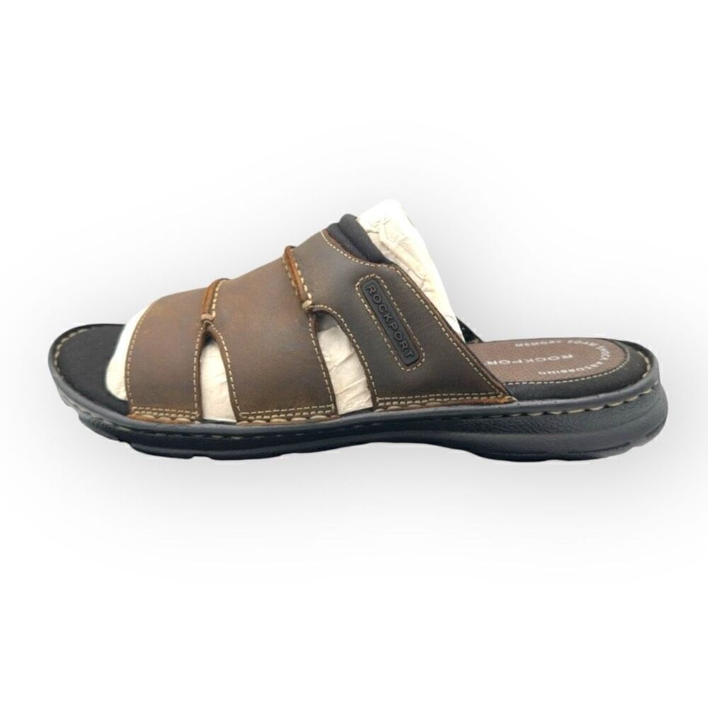 NWOT Rockport Mens Leather Slip-On Flat Heel Darwyn Slide Sandal Brown Size 10